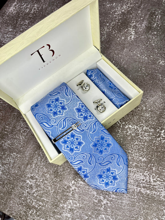 Sky Blue Floral Microsilk Tie Set