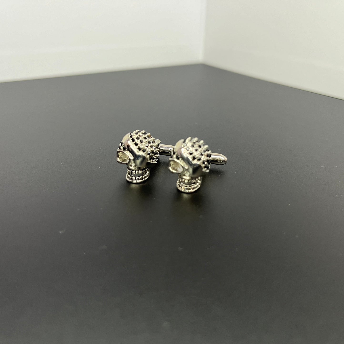 Black Stone Studded Silver Skull Cufflinks