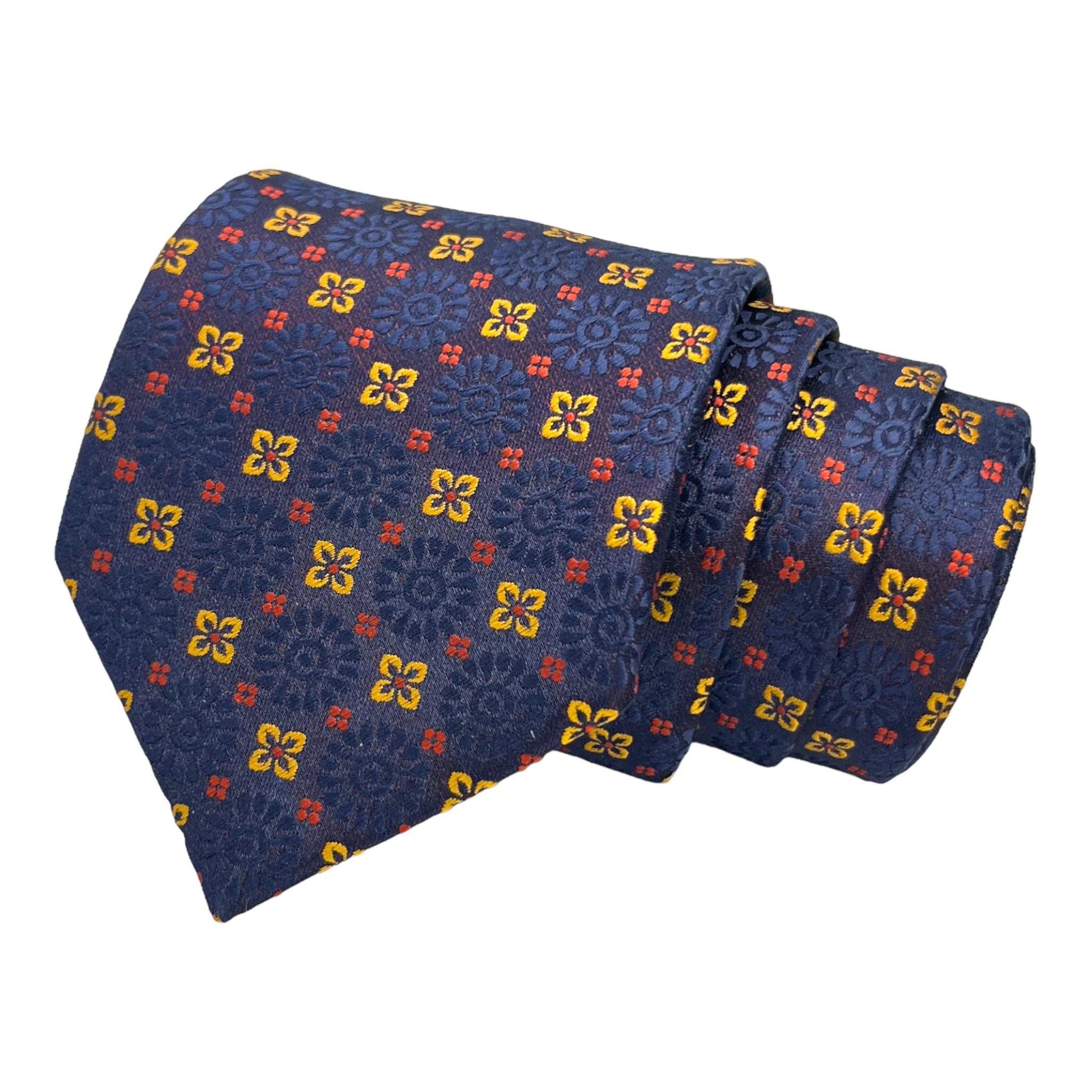 Navy Blue Geometric Tie And Pocket Square Combo