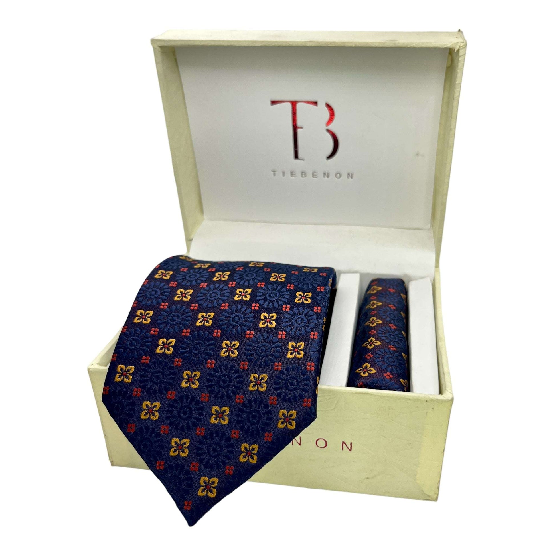 Navy Blue Geometric Tie And Pocket Square Combo