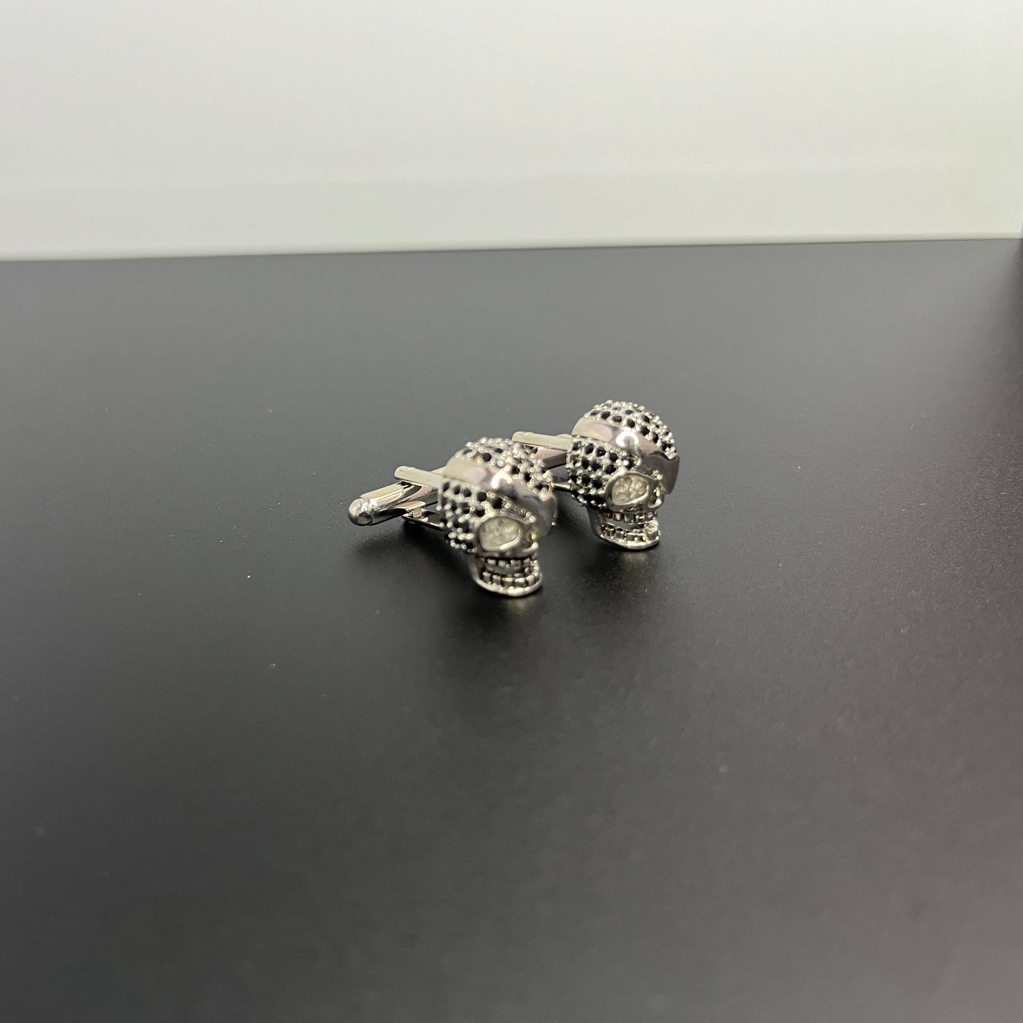 Black Stone Studded Silver Skull Cufflinks