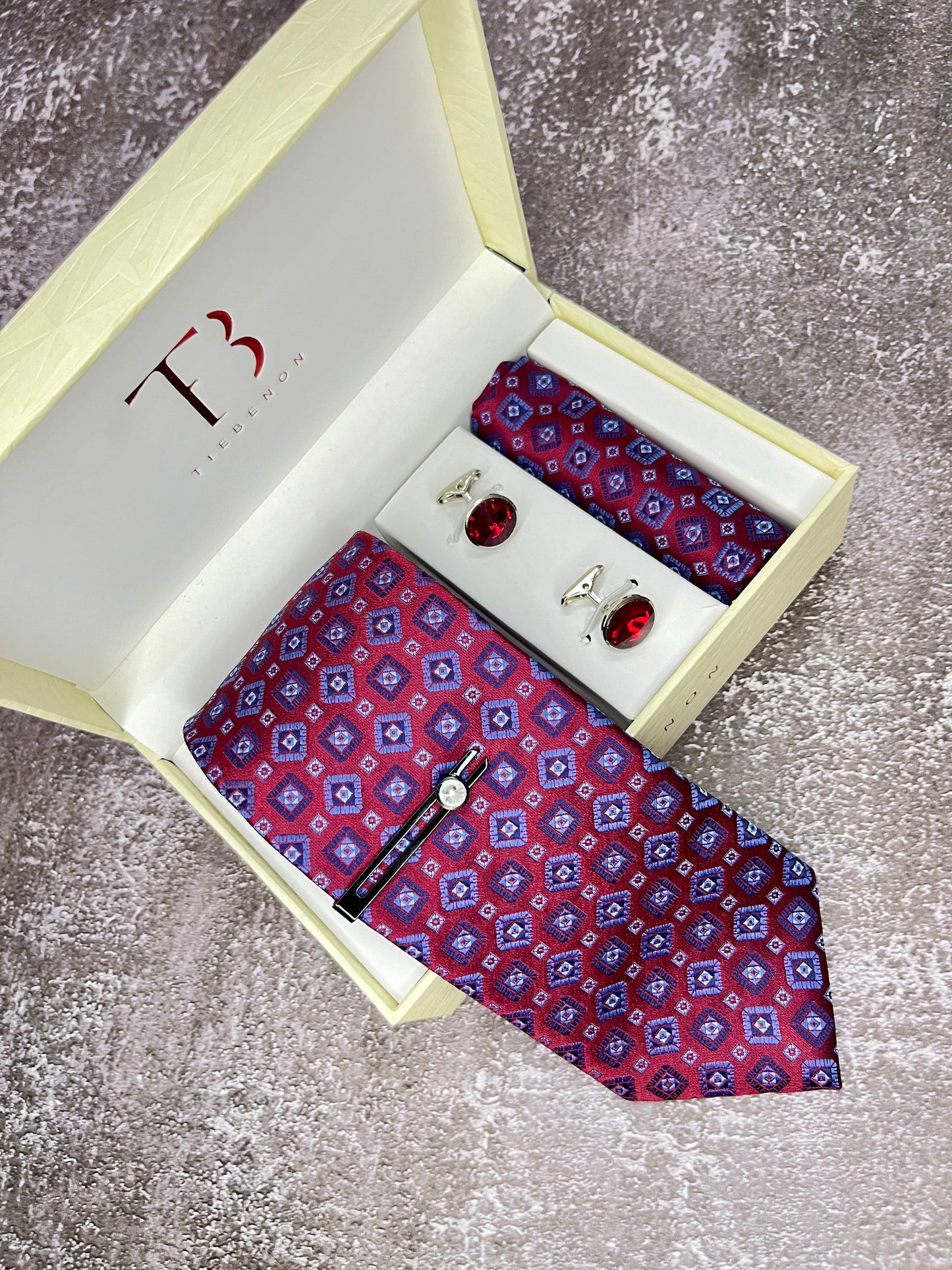 Burgundy Geometric Tie Set