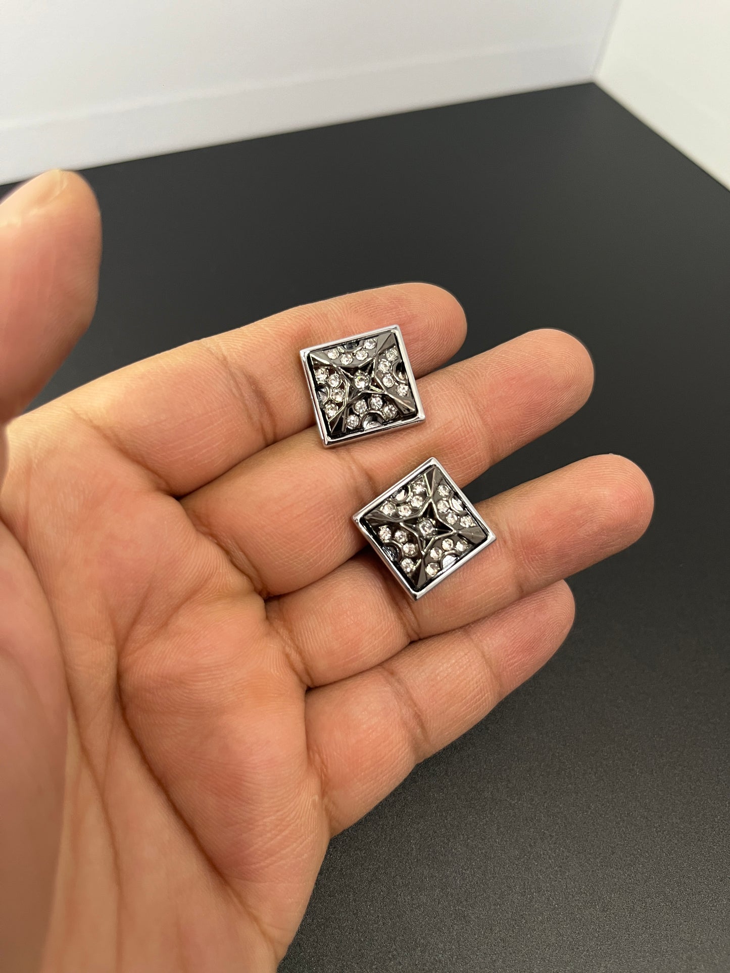 Stone Studded Black Metal Silver Plated Cufflinks