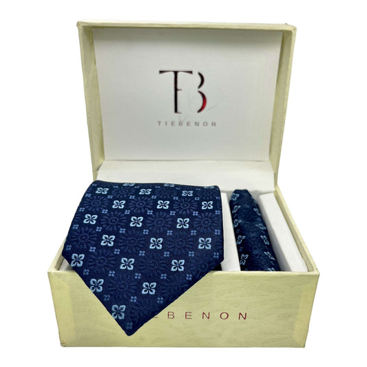 Blue Geometric Tie And Pocket Square Combo