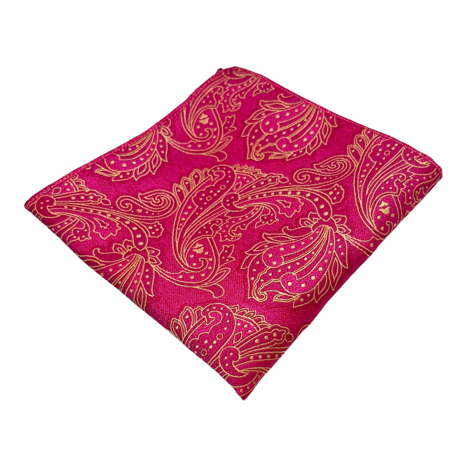 Hot Pink And Gold Paisley Tie And Pocket Square Combo