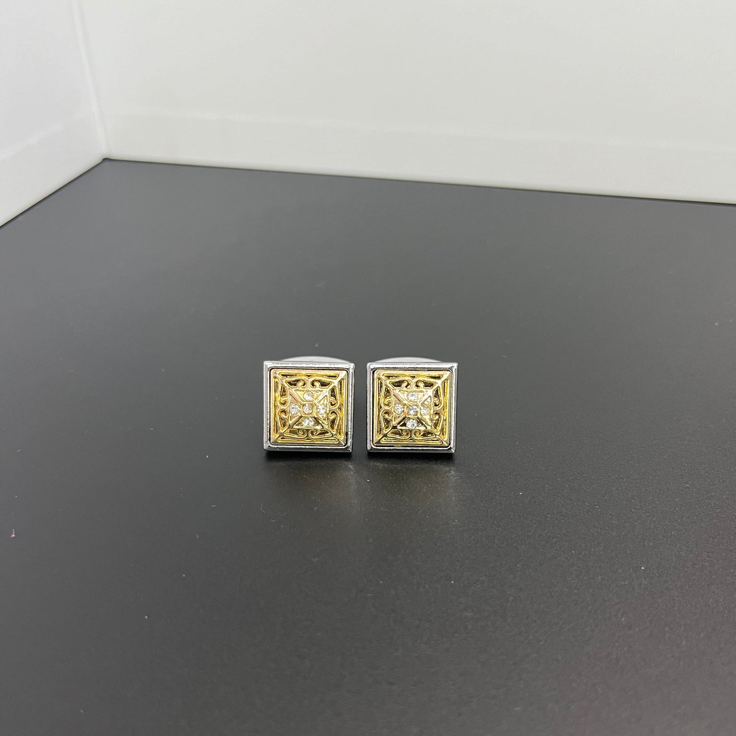 Golden Square Stone Studded Silver Plated Cufflinks