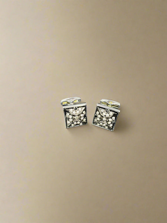 Stone Studded Black Metal Silver Plated Cufflinks