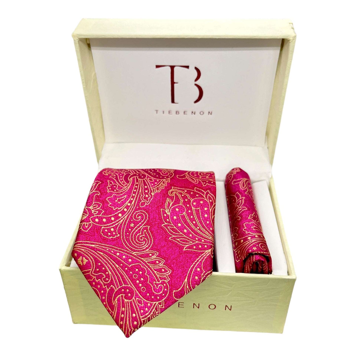 Hot Pink And Gold Paisley Tie And Pocket Square Combo