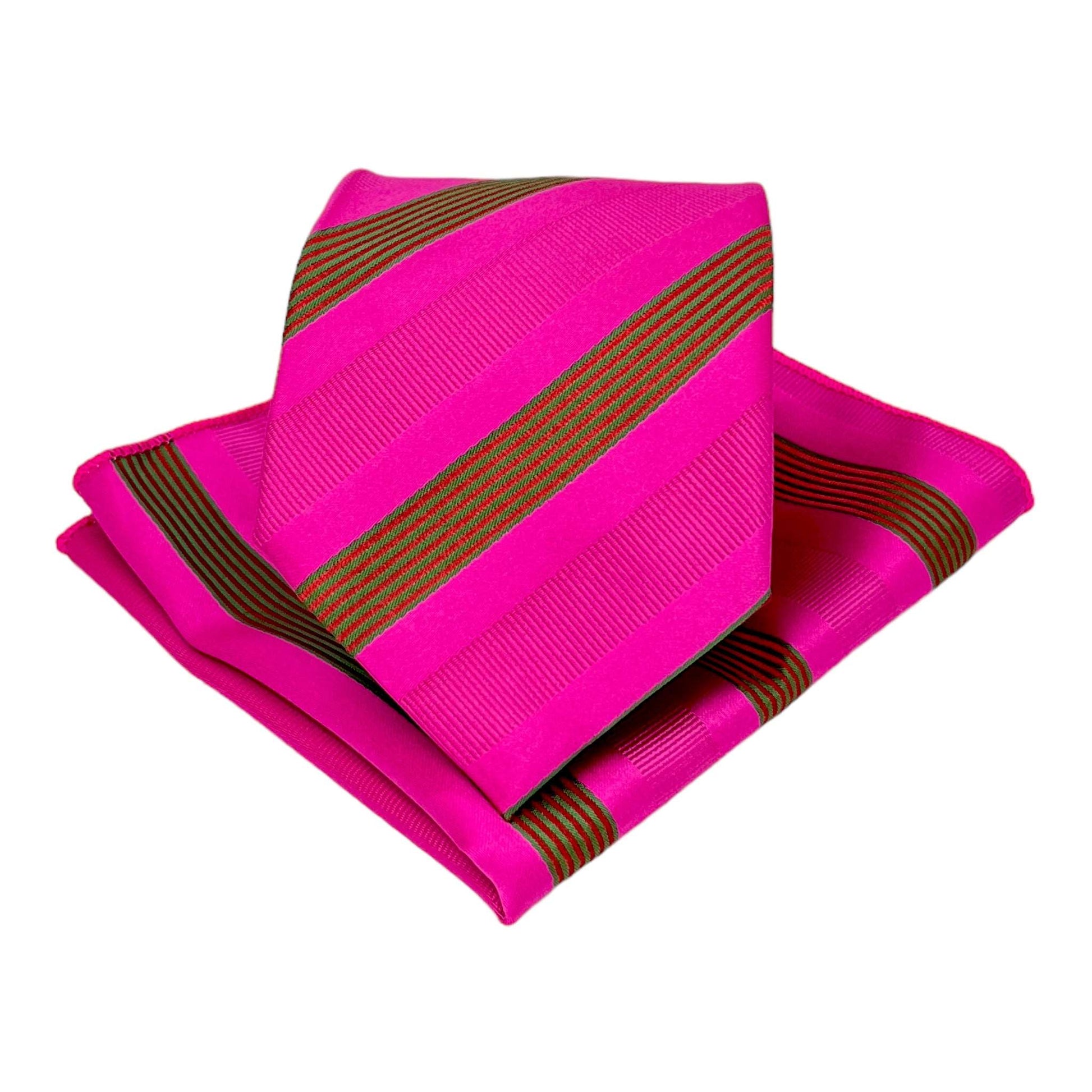 Hot Pink Stripe Tie And Pocket Square Combo