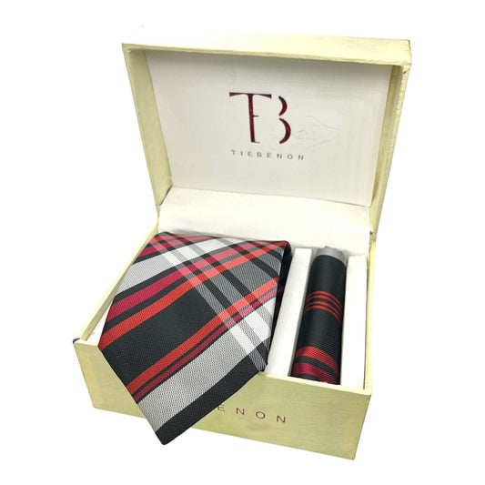 Black And Red Plaid Tie And Pocket Square Combo